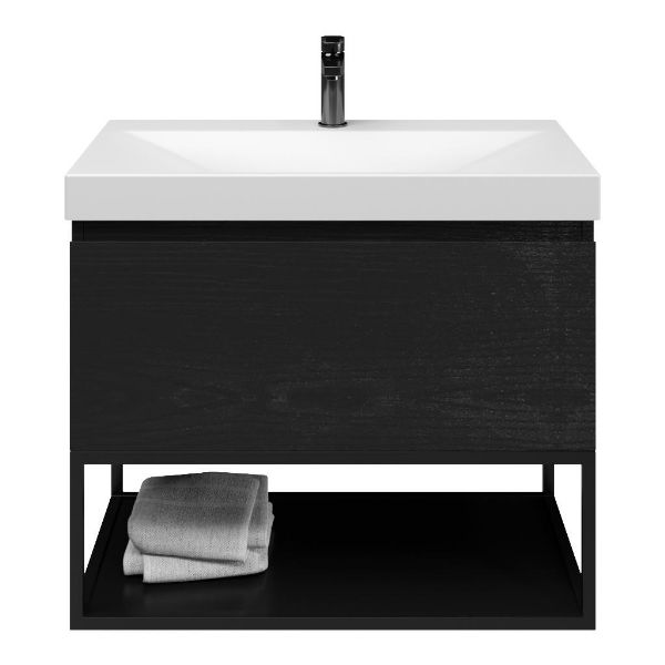 Domburg badmeubel 80 cm mat zwart eiken met keramische Rockanje wastafel wit mat, 1 kraangat, mat zwart metalen frame