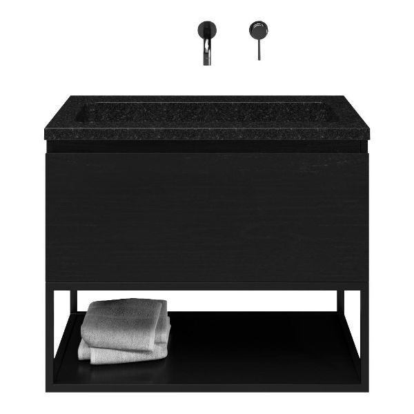 Domburg badmeubel 80 cm mat zwart eiken met natuurstenen Square wastafel shanxi black, mat zwart metalen frame