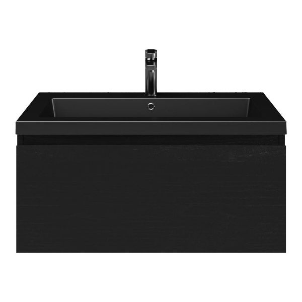 Domburg badmeubel 80 cm mat zwart eiken met polystone Cadzand wastafel zwart mat, 1 kraangat