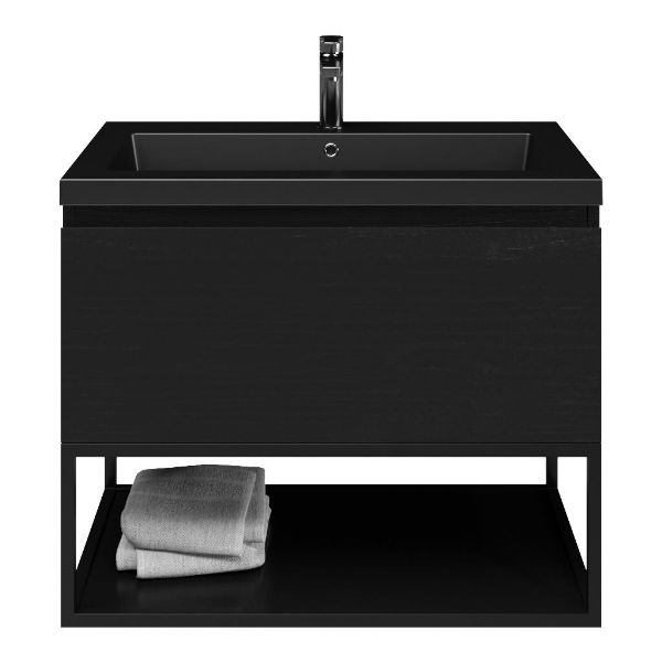 Domburg badmeubel 80 cm mat zwart eiken met polystone Cadzand wastafel zwart mat, 1 kraangat, mat zwart metalen frame