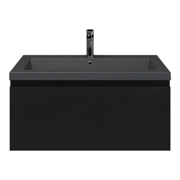 Domburg badmeubel 80 cm mat zwart eiken met polystone Cadzand wastafel grijs mat
