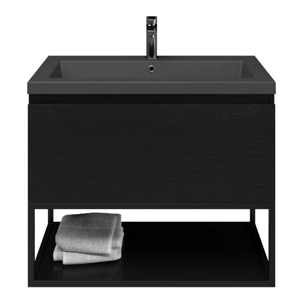 Domburg badmeubel 80 cm mat zwart eiken met polystone Cadzand wastafel grijs mat, mat zwart metalen frame