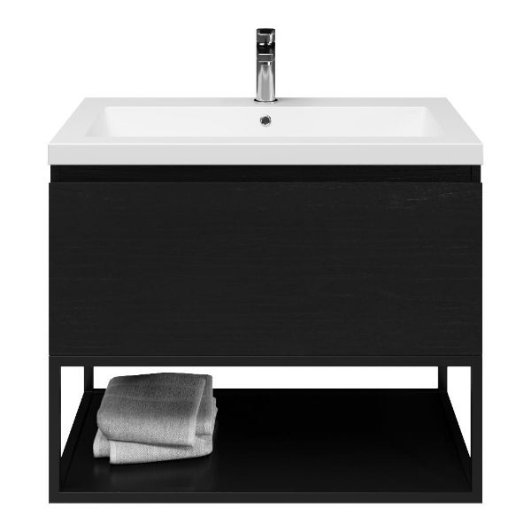 Domburg badmeubel 80 cm mat zwart eiken met polystone Cadzand wastafel wit mat, mat zwart metalen frame