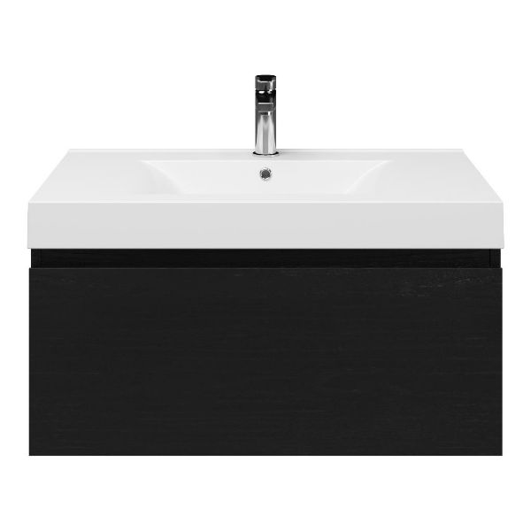 Domburg badmeubel 80 cm mat zwart eiken met polystone Wave wastafel wit glans