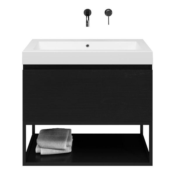 Domburg badmeubel 80 cm mat zwart eiken met quartz Cadzand-Q wastafel wit mat, mat zwart metalen frame