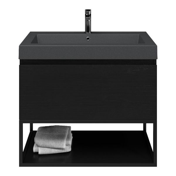 Domburg badmeubel 80 cm mat zwart eiken met quartz Cadzand-Q wastafel grijs mat, 1 kraangat, mat zwart metalen frame