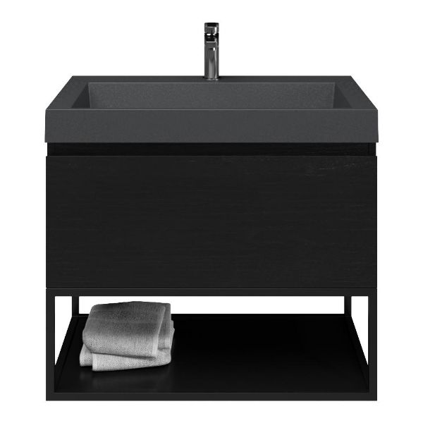 Domburg badmeubel 80 cm mat zwart eiken met quartz Haamstede-q wastafel grijs mat, 1 kraangat, mat zwart metalen frame
