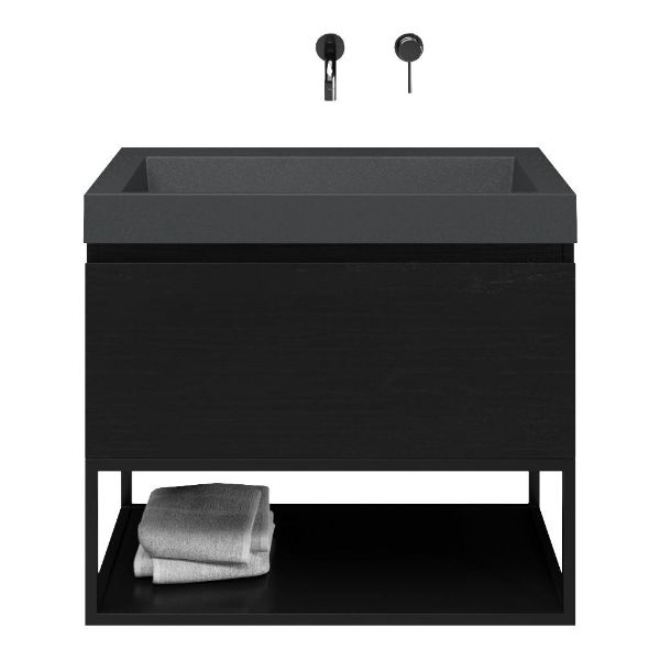 Domburg badmeubel 80 cm mat zwart eiken met quartz Haamstede-q wastafel grijs mat, zonder kraangat, mat zwart metalen frame