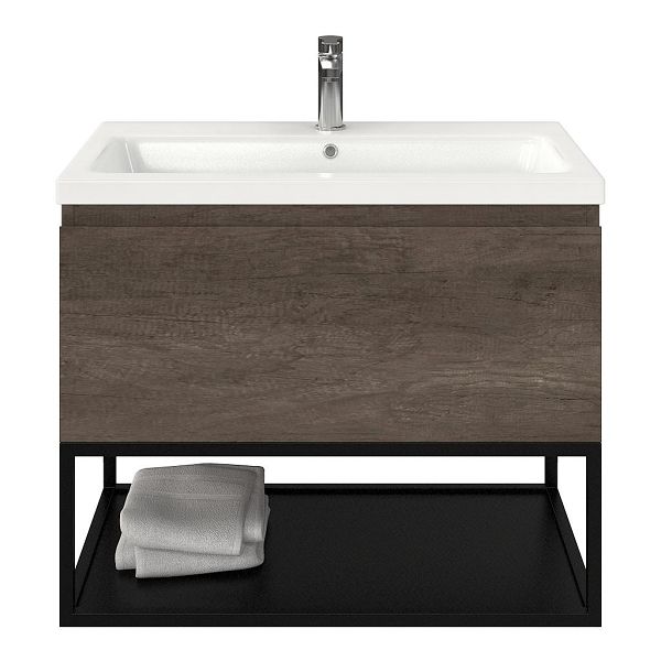 Domburg badmeubel 80 cm olm donker grijs met keramische Dishoek wastafel wit glans, 1 kraangat