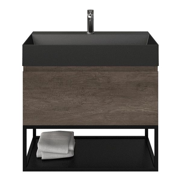 Domburg badmeubel 80 cm olm donker grijs met keramische Marken wastafel zwart mat, 1 kraangat, mat zwart metalen frame