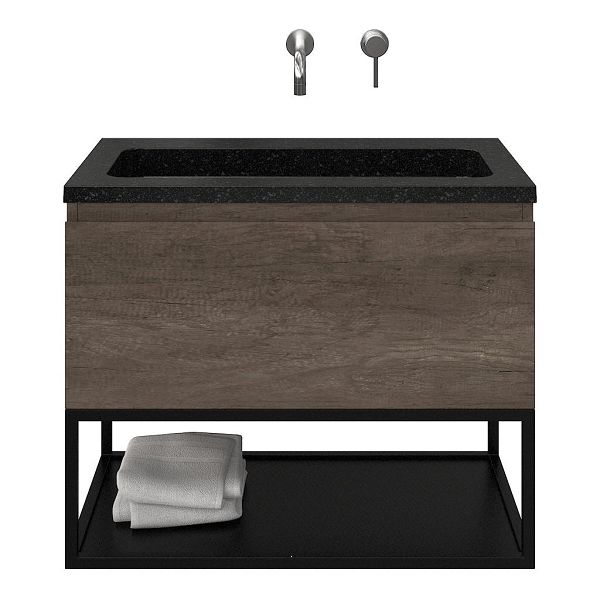 Domburg badmeubel 80 cm olm donker grijs met natuurstenen Square wastafel shanxi black, mat zwart metalen frame