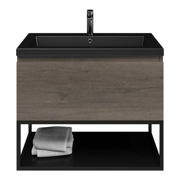 Domburg badmeubel 80 cm olm donker grijs met polystone Cadzand wastafel zwart mat, 1 kraangat