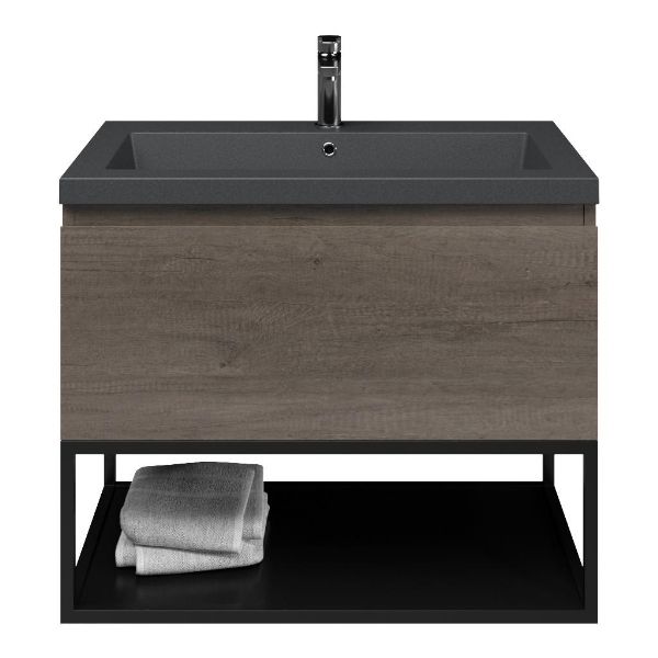 Domburg badmeubel 80 cm olm donker grijs met polystone Cadzand wastafel grijs mat