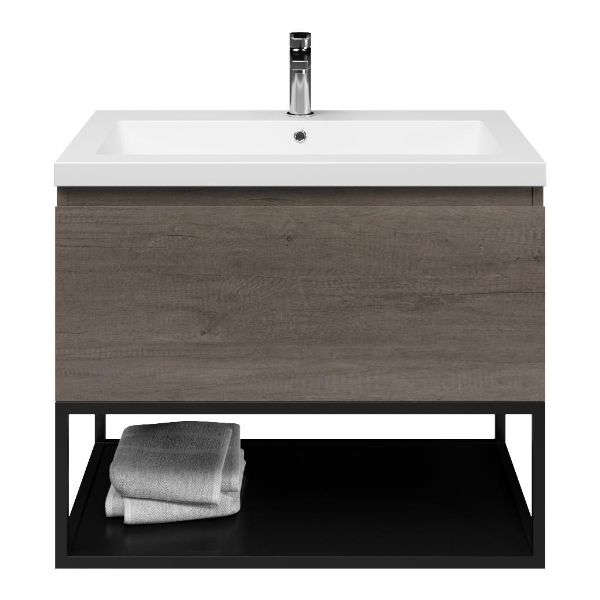 Domburg badmeubel 80 cm olm donker grijs met polystone Cadzand wastafel wit mat, mat zwart metalen frame