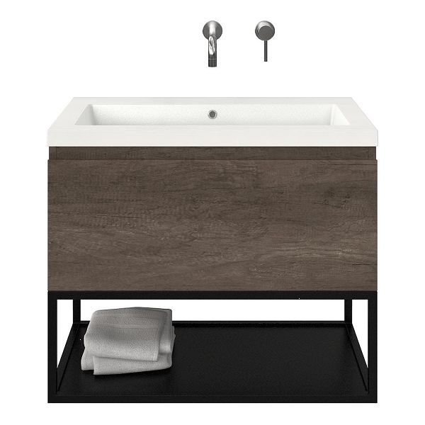 Domburg badmeubel 80 cm olm donker grijs met polystone Cadzand wastafel wit glans, zonder kraangat, 66 cm hoog