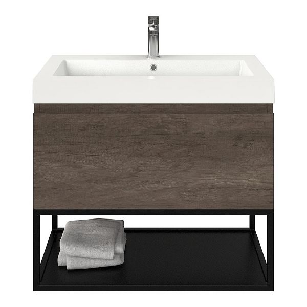 Domburg badmeubel 80 cm olm donker grijs met polystone Cadzand wastafel wit glans, 1 kraangat, 70 cm hoog