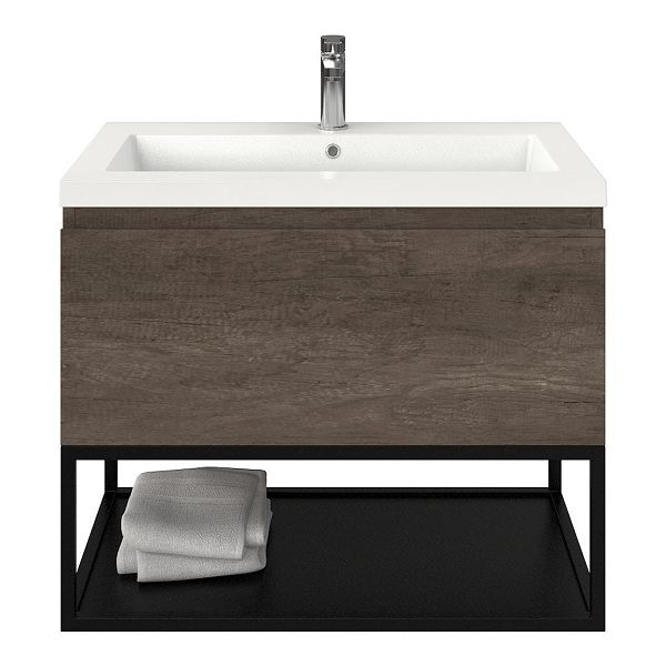 Domburg badmeubel 80 cm olm donker grijs met polystone Cadzand wastafel wit glans, 1 kraangat, 66 cm hoog
