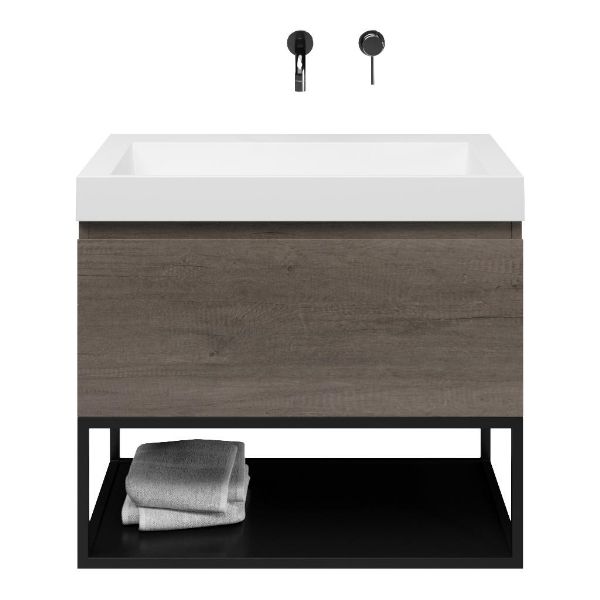Domburg badmeubel 80 cm olm donker grijs met polystone Haamstede wastafel wit glans, zonder kraangat