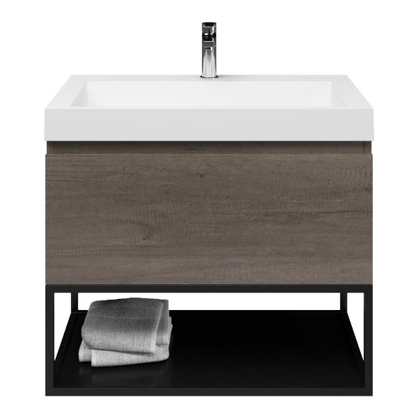 Domburg badmeubel 80 cm olm donker grijs met polystone Haamstede wastafel wit glans, 1 kraangat