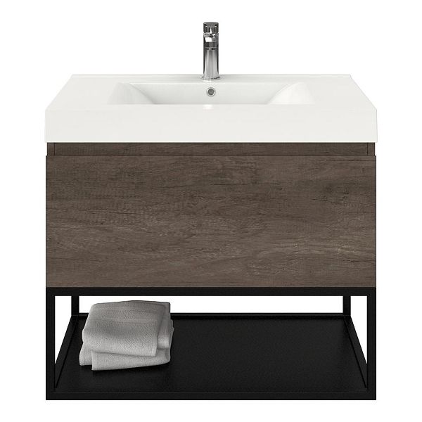 Domburg badmeubel 80 cm olm donker grijs met polystone Wave wastafel wit glans, mat zwart metalen frame