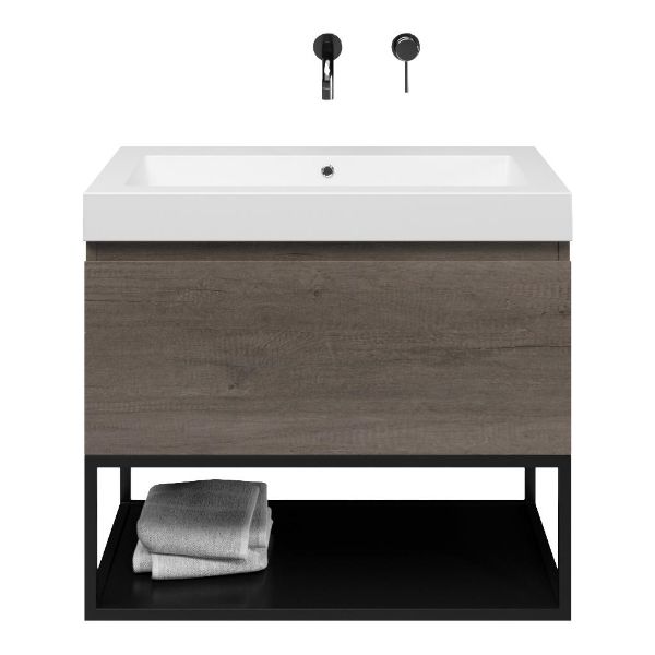 Domburg badmeubel 80 cm olm donker grijs met quartz Cadzand-Q wastafel wit mat