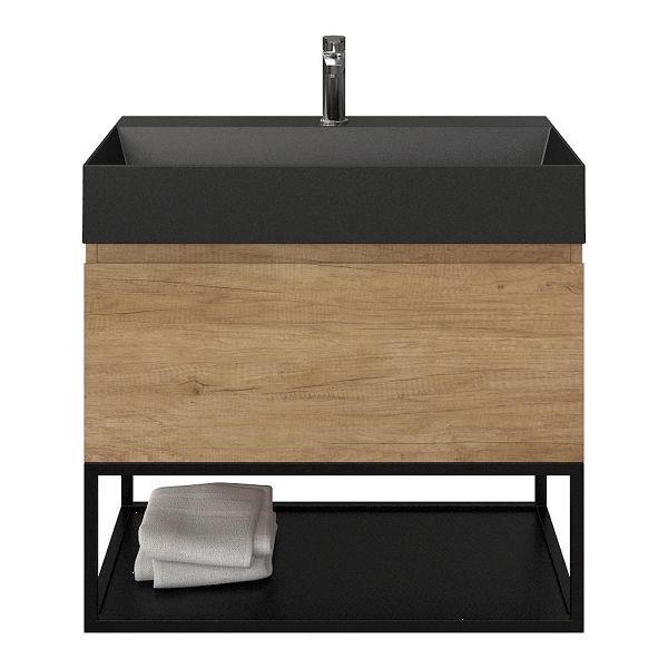 Domburg badmeubel 80 cm olm met keramische Marken wastafel zwart mat, 1 kraangat, mat zwart metalen frame