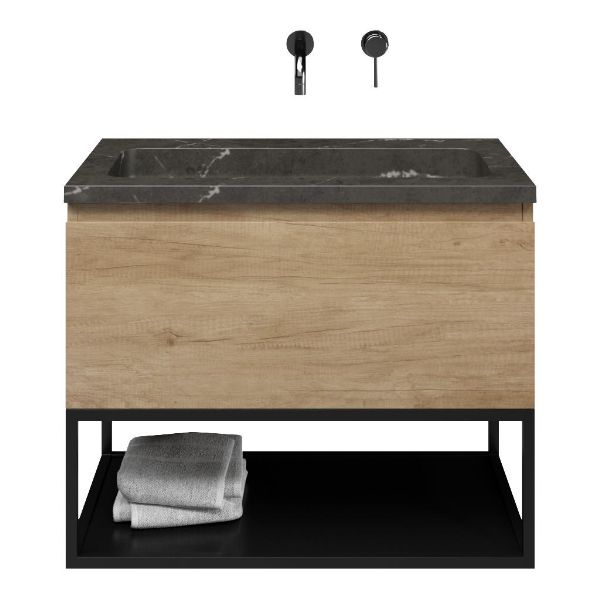 Domburg badmeubel 80 cm olm met natuurstenen Square wastafel blue stone, mat zwart metalen frame