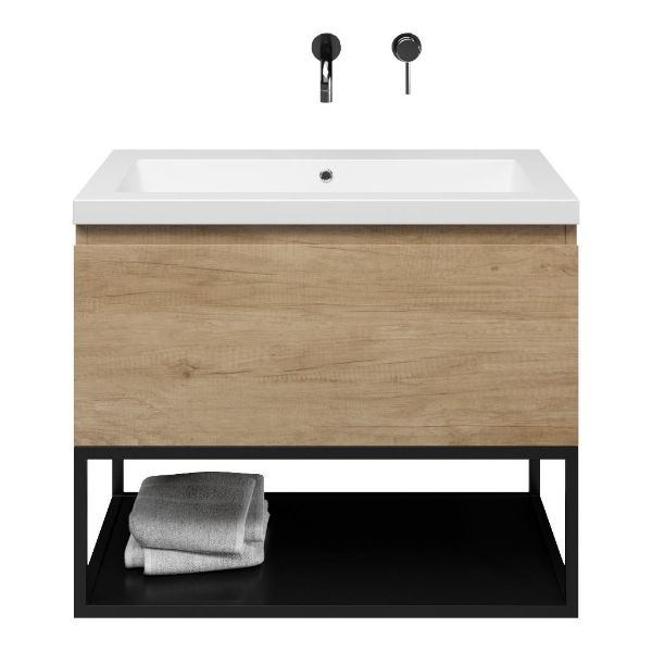 Domburg badmeubel 80 cm olm met quartz Cadzand-Q wastafel wit mat, mat zwart metalen frame