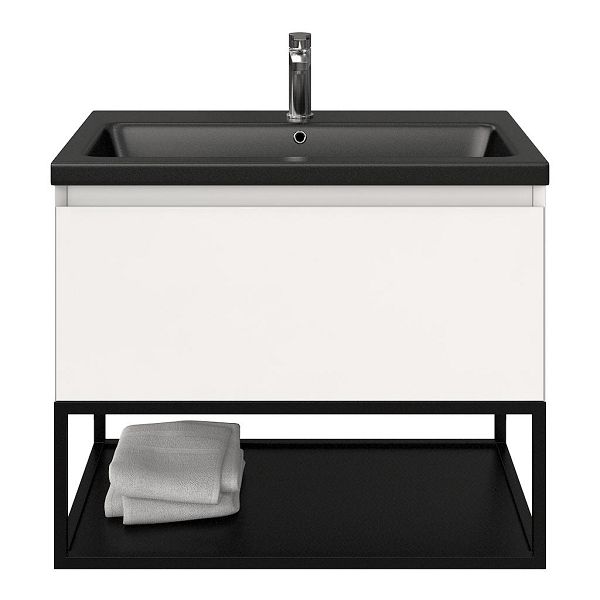 Domburg badmeubel 80 cm wit hoogglans met keramische Dishoek wastafel zwart mat, 1 kraangat