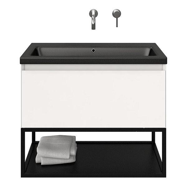 Domburg badmeubel 80 cm wit hoogglans met keramische Dishoek wastafel zwart mat, zonder kraangat