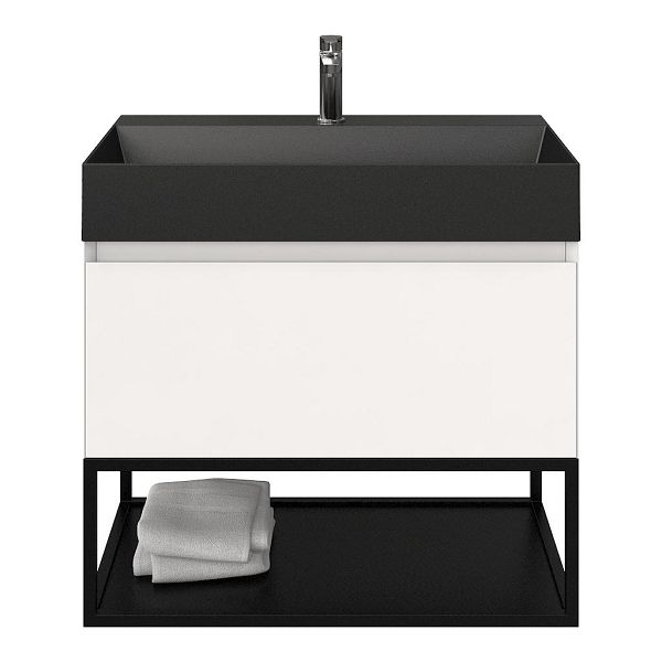 Domburg badmeubel 80 cm wit hoogglans met keramische Marken wastafel zwart mat, 1 kraangat, mat zwart metalen frame