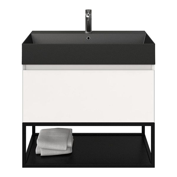 Domburg badmeubel 80 cm wit hoogglans met keramische Marken wastafel zwart mat, 1 kraangat, mat zwart metalen frame