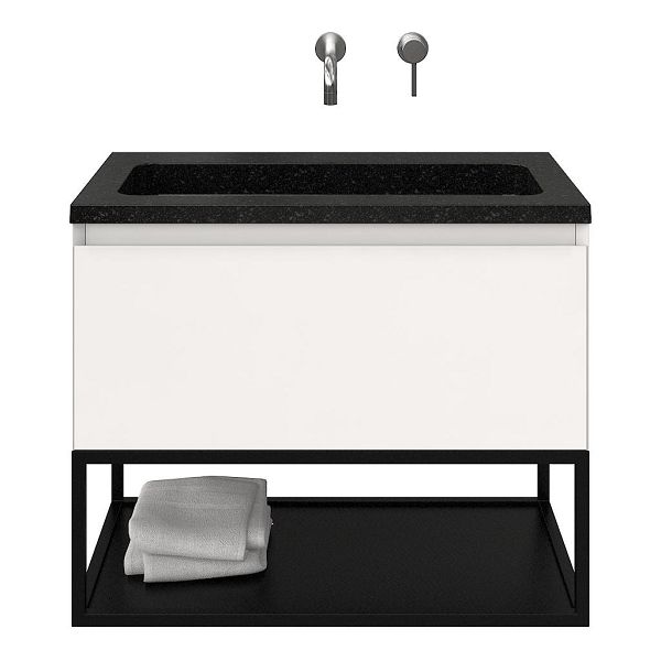 Domburg badmeubel 80 cm wit hoogglans met natuurstenen Square wastafel shanxi black, mat zwart metalen frame