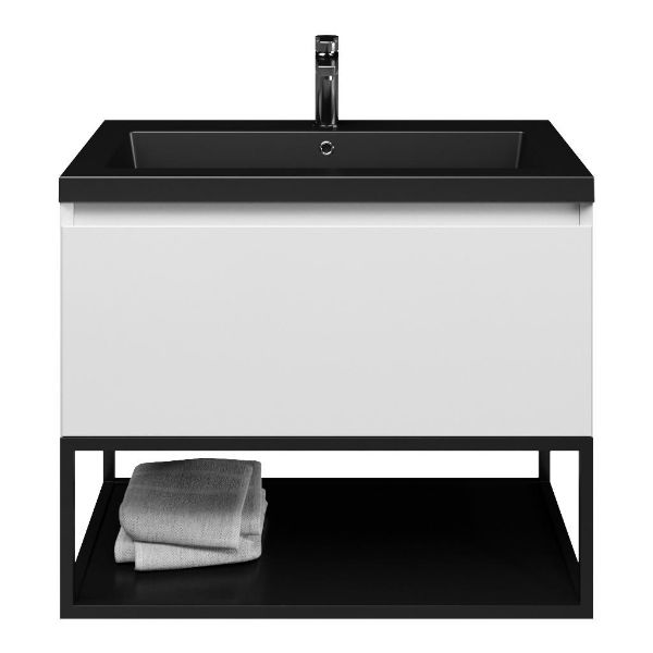 Domburg badmeubel 80 cm wit hoogglans met polystone Cadzand wastafel zwart mat, 1 kraangat