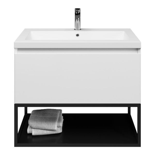 Domburg badmeubel 80 cm wit hoogglans met polystone Cadzand wastafel wit mat, mat zwart metalen frame