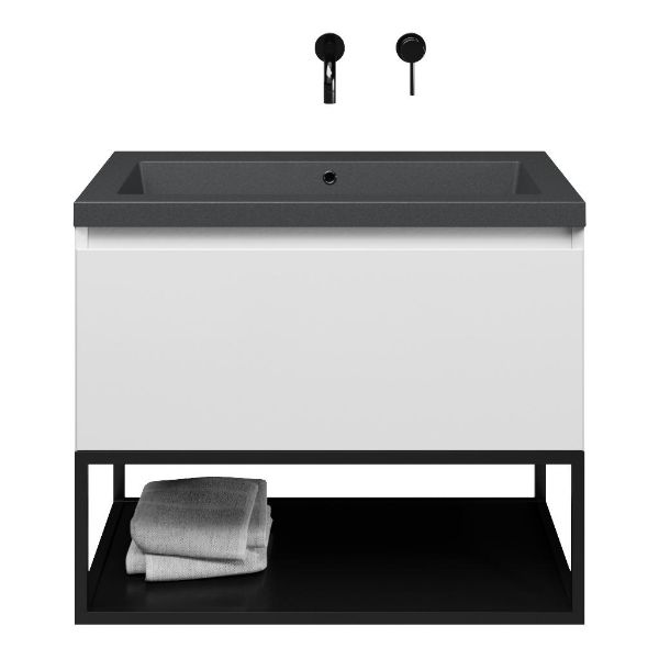 Domburg badmeubel 80 cm wit hoogglans met quartz Cadzand-Q wastafel grijs mat, zonder kraangat, mat zwart metalen frame