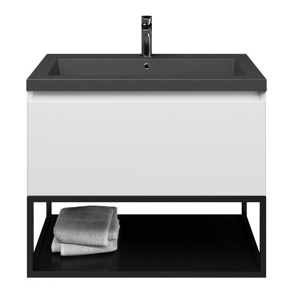 Domburg badmeubel 80 cm wit mat met polystone Cadzand wastafel grijs mat, mat zwart metalen frame