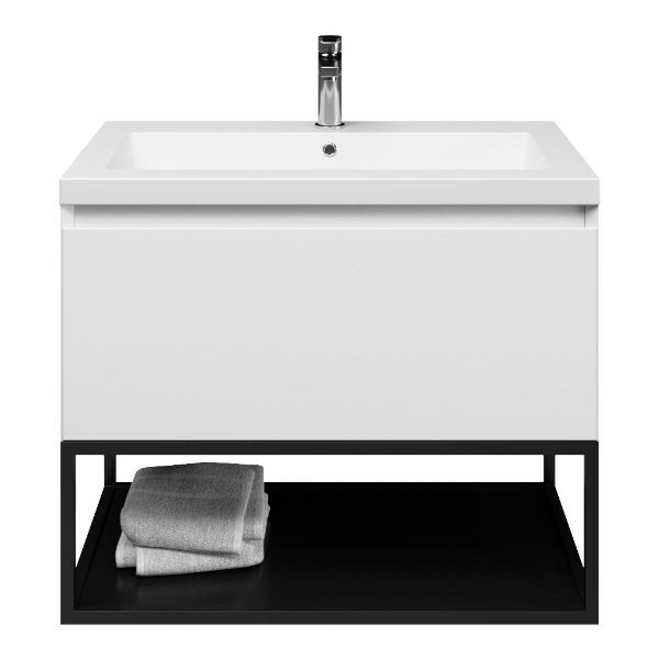 Domburg badmeubel 80 cm wit mat met polystone Cadzand wastafel wit mat, mat zwart metalen frame