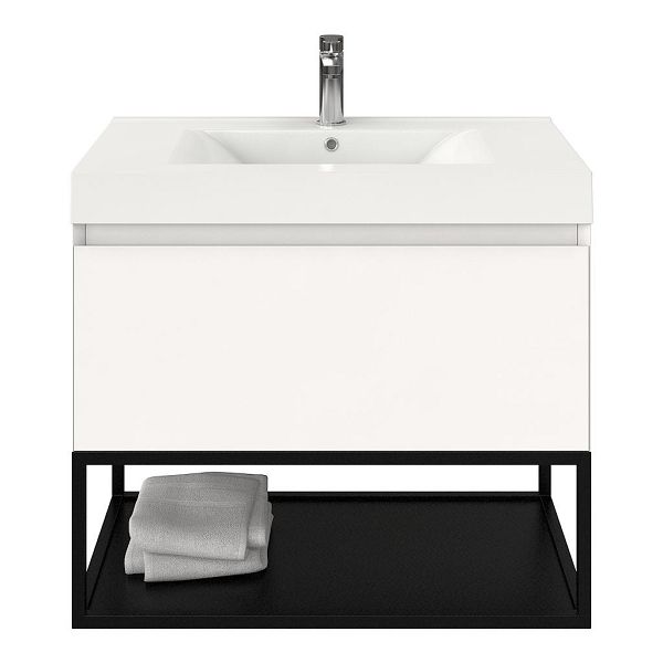 Domburg badmeubel 80 cm wit mat met polystone Wave wastafel wit glans, mat zwart metalen frame