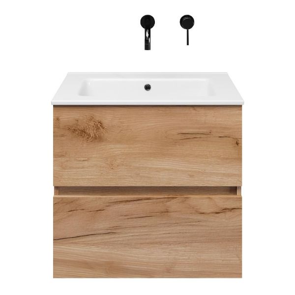 Egmond badmeubel 60 cm robuust eiken met keramische Callantsoog wastafel wit glans, zonder kraangat