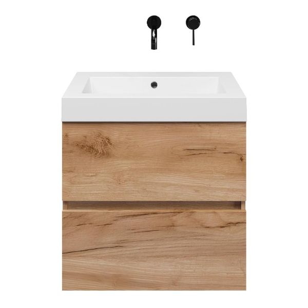 Egmond badmeubel 60 cm robuust eiken met polystone Cadzand wastafel wit glans, zonder kraangat