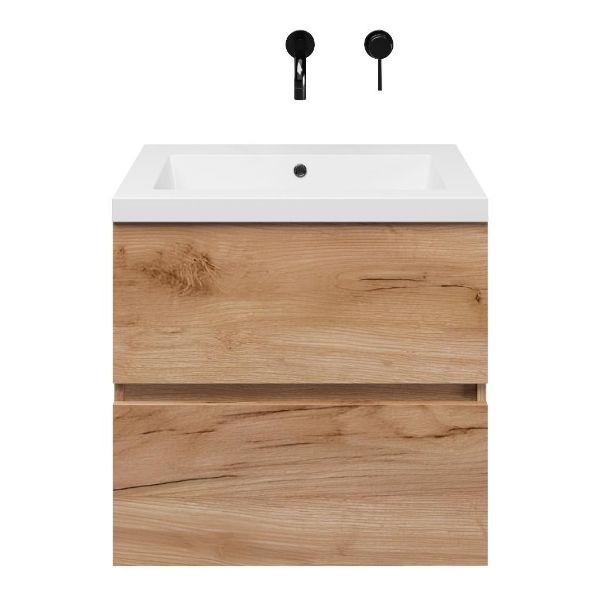 Egmond badmeubel 60 cm robuust eiken met polystone Cadzand wastafel wit glans, zonder kraangat