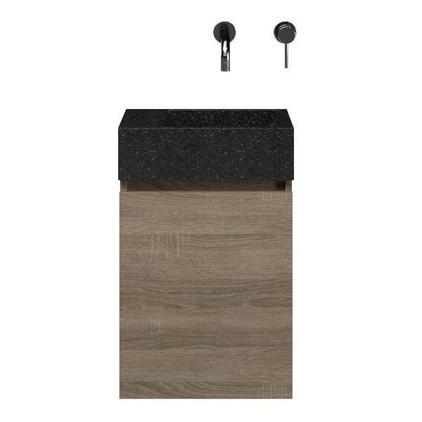 Hollum fonteinmeubel 40 cm donker eiken met natuurstenen Stone wastafel shanxi black, zonder kraangat links