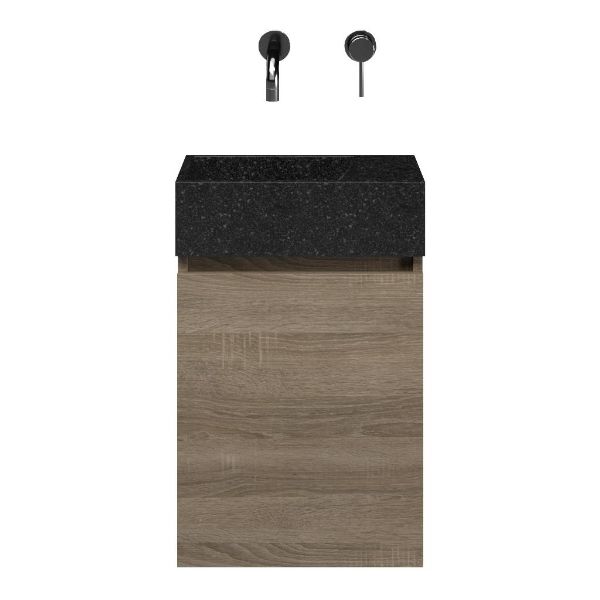 Hollum fonteinmeubel 40 cm donker eiken met natuurstenen Stone wastafel shanxi black, zonder kraangat rechts