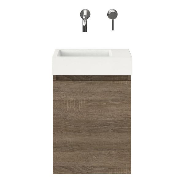 Hollum fonteinmeubel 40 cm donker eiken met polystone Wemeldinge fontein wit glans, zonder kraangat rechts