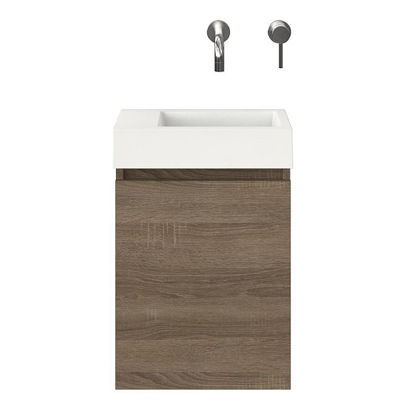 Hollum fonteinmeubel 40 cm donker eiken met polystone Wemeldinge fontein wit glans, zonder kraangat links