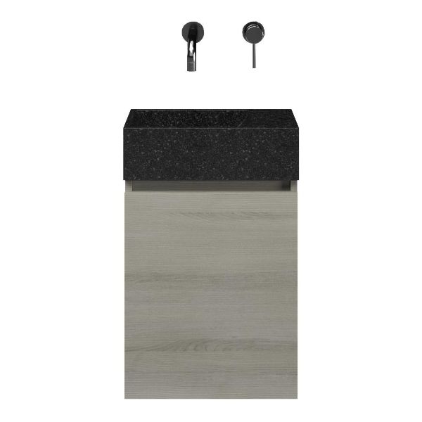 Hollum fonteinmeubel 40 cm licht grijs met natuurstenen Stone wastafel shanxi black, zonder kraangat rechts