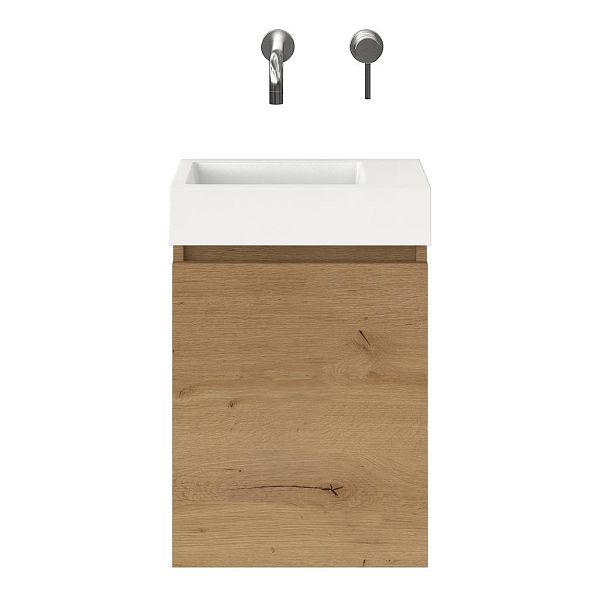 Hollum fonteinmeubel 40 cm natuur eiken met polystone Wemeldinge fontein wit glans, zonder kraangat rechts