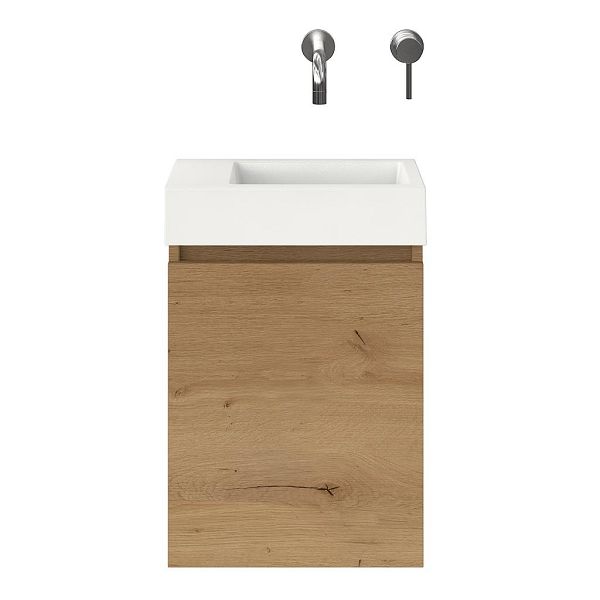 Hollum fonteinmeubel 40 cm natuur eiken met polystone Wemeldinge fontein wit glans, zonder kraangat links