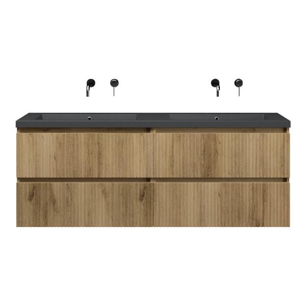 Katwijk badmeubel 160 cm warm eiken met dubbele quartz Cadzand-Q wastafel grijs mat